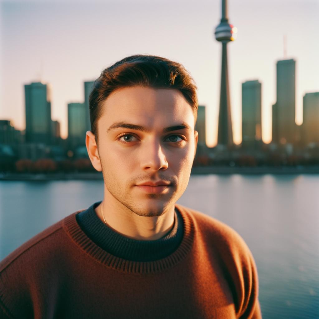 Confident Young Man Against Toronto Skyline at Sunset