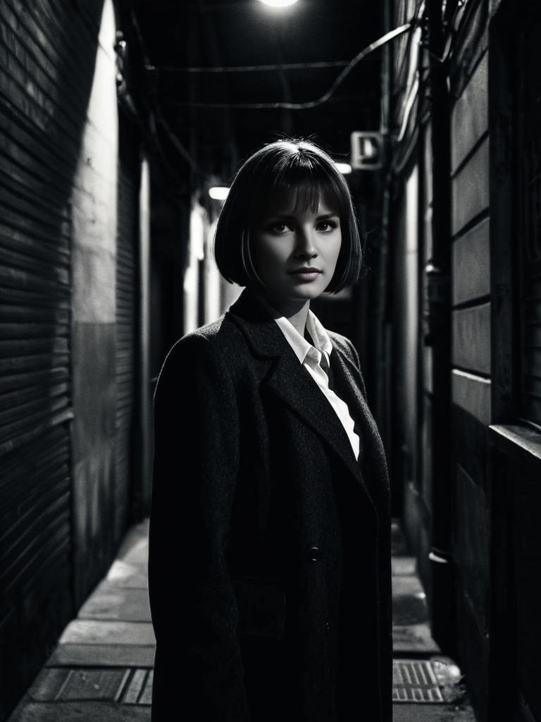 Black and White Portrait of Woman in Alleyway with Film Noir Lighting