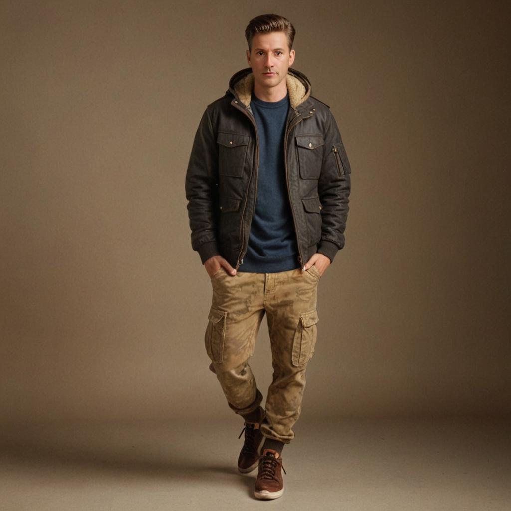 Man in Rugged Casual Outfit Against Neutral Backdrop