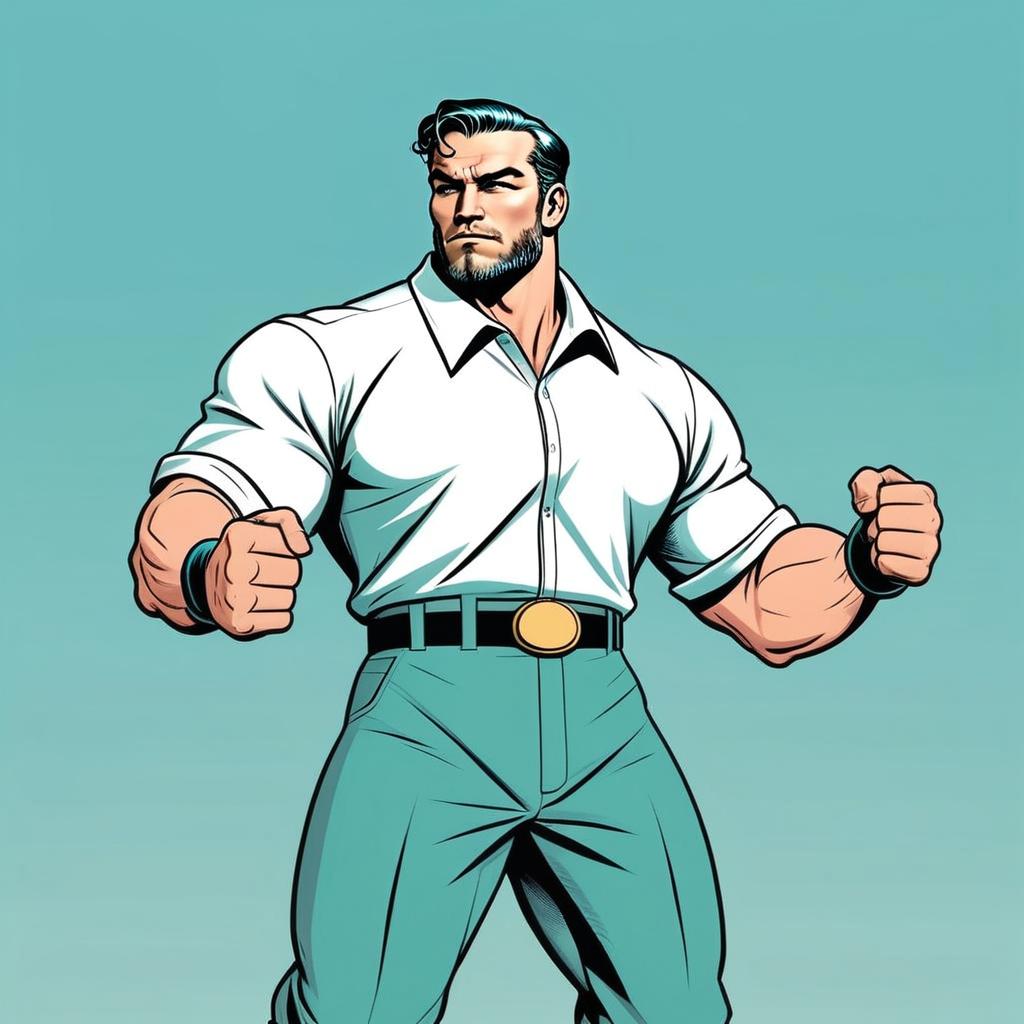 Strong Muscular Man in White Shirt Comic Style Illustration