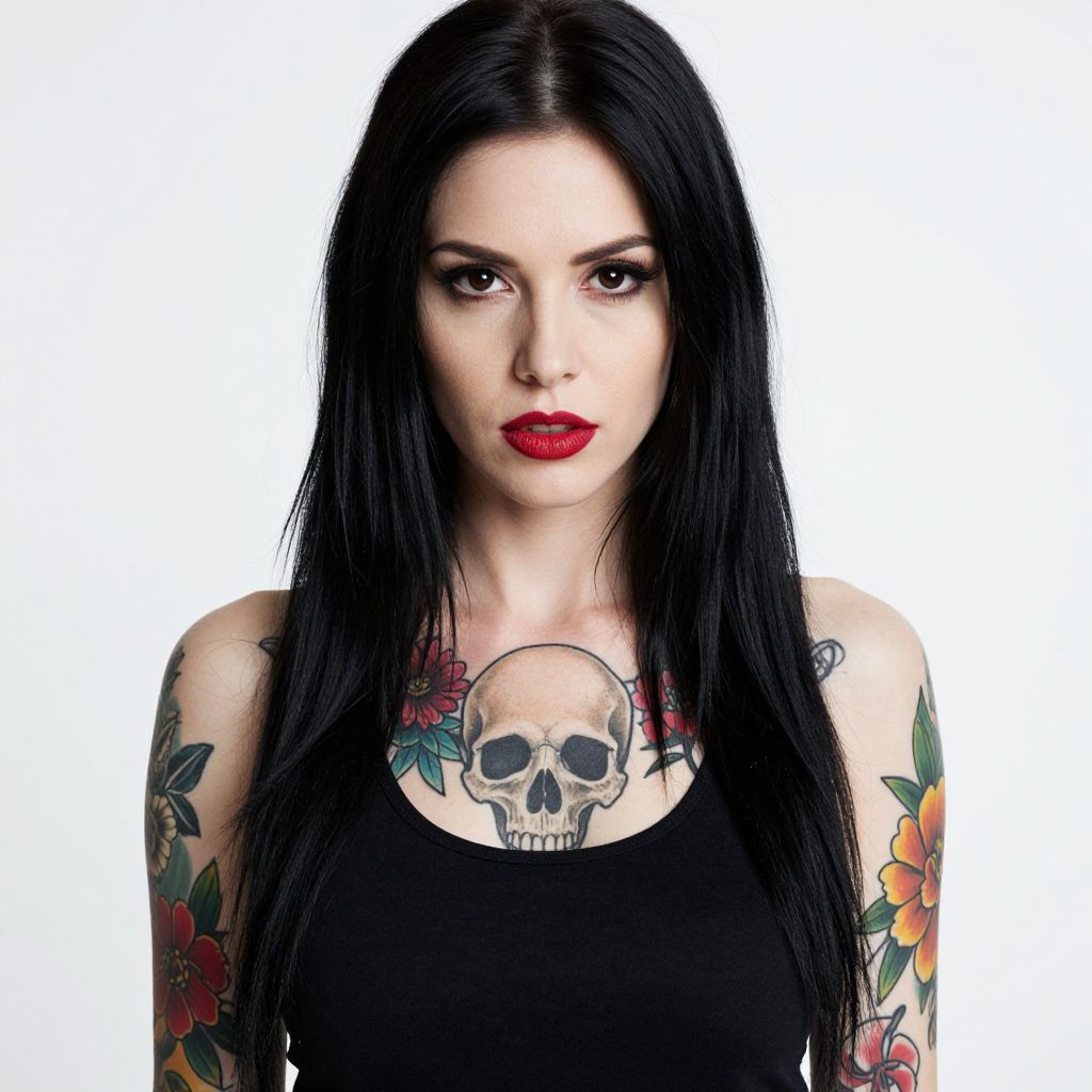 Tattooed Woman with Black Hair and Skull Chest Tattoo