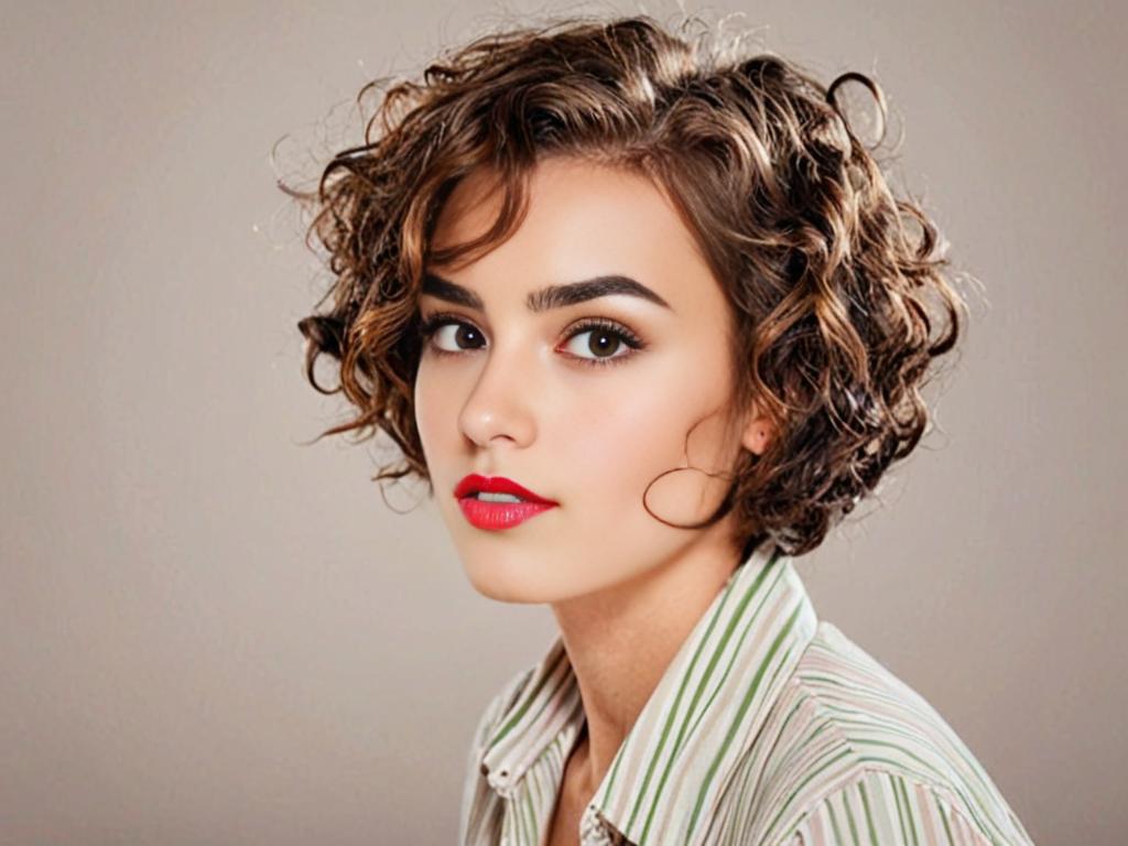 Portrait of a woman with curly hair, smiling, in a striped shirt