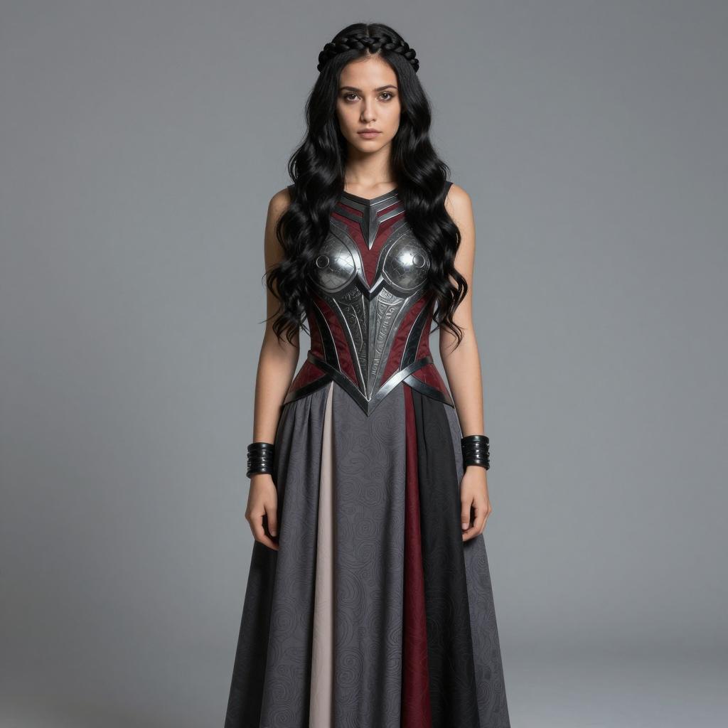 Woman in Armor Inspired Dress with Braided Hair Standing Against Gray Background