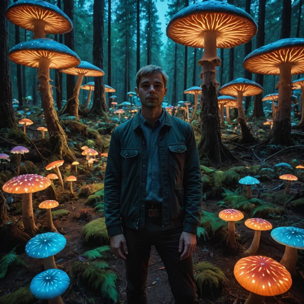 Man in Fantasy Forest with Glowing Mushrooms