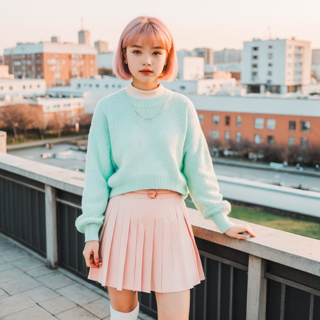 Stylish young woman in mint sweater and pink skirt on balcony