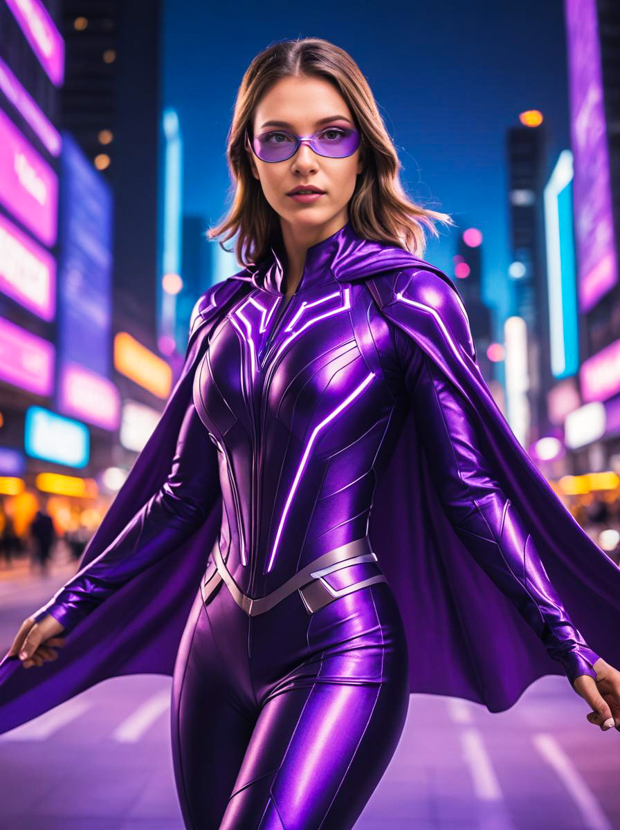 Purple Superhero Woman in Urban Setting