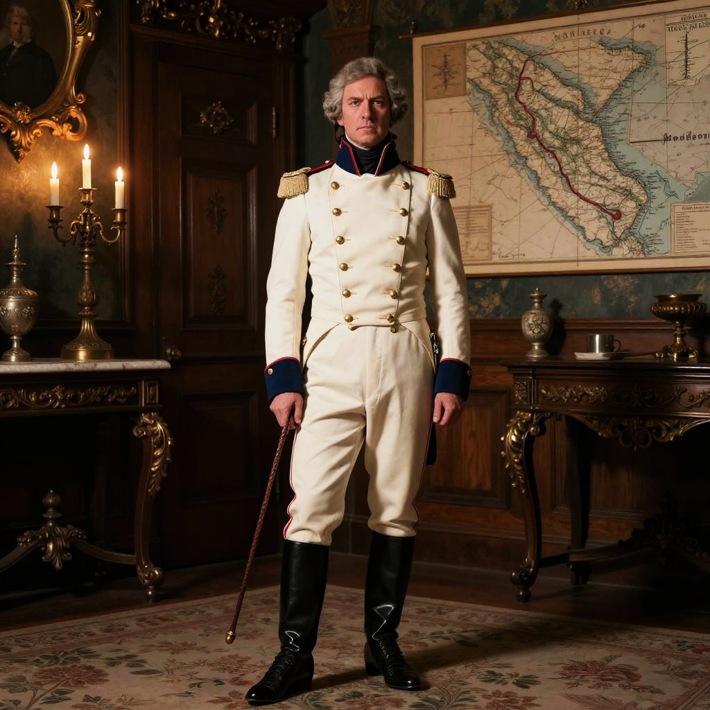 Man in 19th Century Military Uniform in Ornate Historical Room