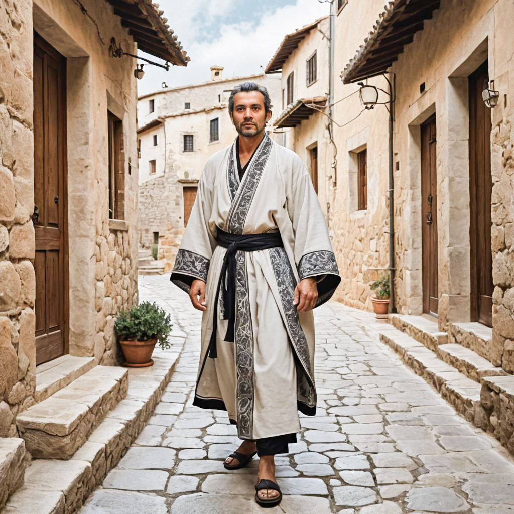 Man in Traditional Attire on Cobblestone Street