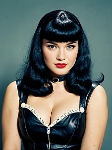 Photorealistic Cosplay Woman with Bettie Page Bangs Hairstyle in Black Leather Outfit
