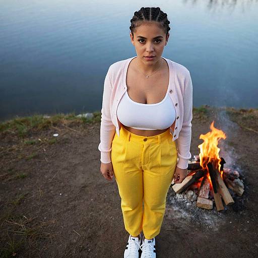 Woman in Casual Streetwear with Cropped Pink Cardigan Standing by Campfire