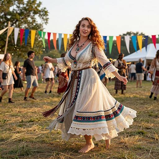 Bohemian Woman Dancing at Outdoor Festival in Embellished Dress