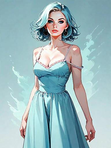 Comic-Realistic Full Body Illustration of Woman in Light Blue Dress
