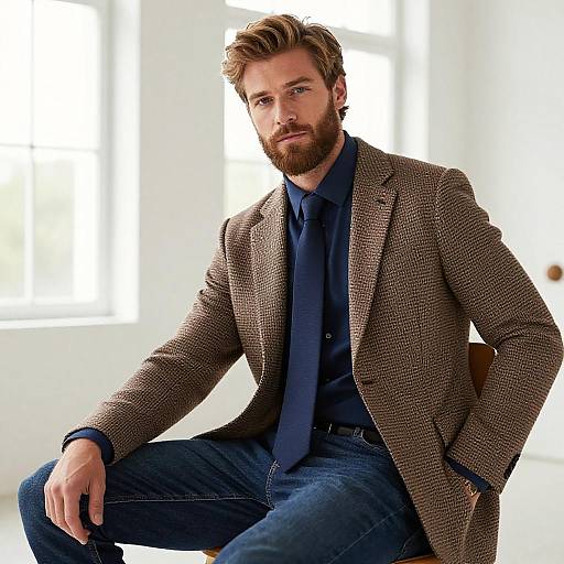 Smart Casual Man Wearing Brown Blazer and Navy Blue Tie with Jeans