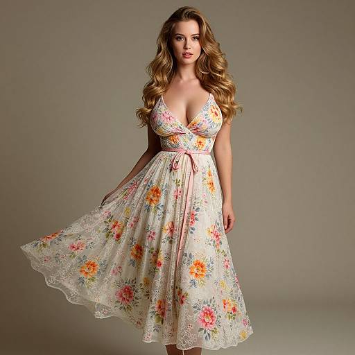 Elegant Woman Wearing Floral Flowing Dress