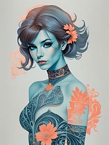 Stylized Woman with Blue Skin and Floral Motifs