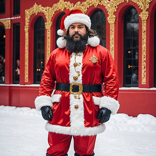 Man in Luxurious Santa Claus Costume with Bearded Look in Festive Setting