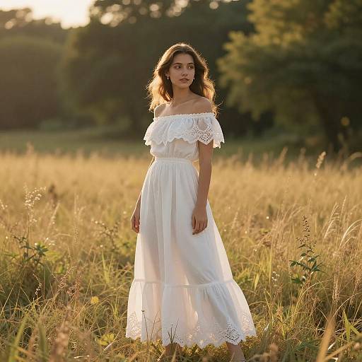 Woman in White Lace Off-Shoulder Dress in Sunlit Meadow