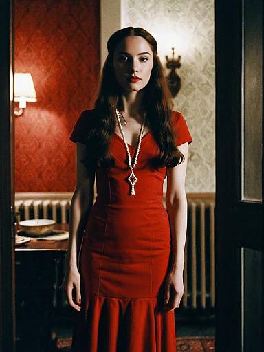 Woman in Red Suspiria-Style Dress Standing Indoors with Necklace