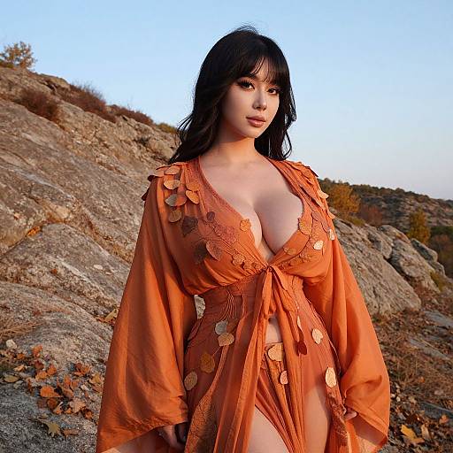 Woman in Orange Leaf-Appliqued Dress Outdoors on Rocky Terrain