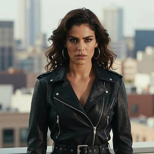 Confident Woman Wearing Black Leather Jacket in Urban Setting