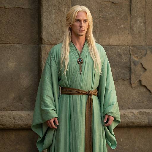 Man in Light Green Medieval Fantasy Robe with Blonde Hair