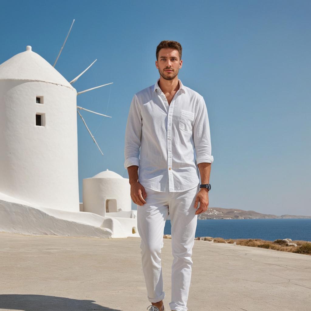 Man in White Shirt at Mykonos Windmills