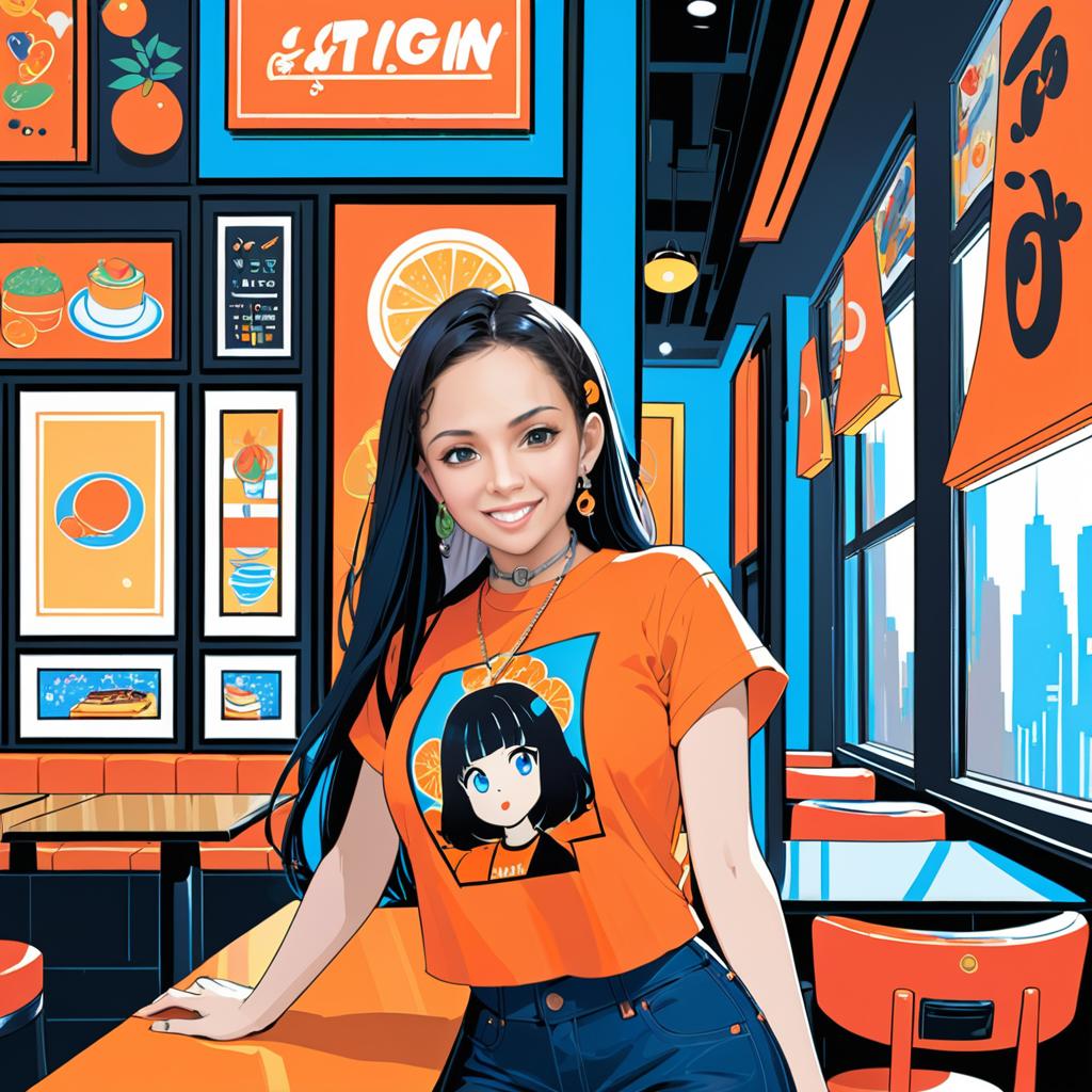 Anime-Inspired Woman in Orange T-Shirt at Vibrant Cafe