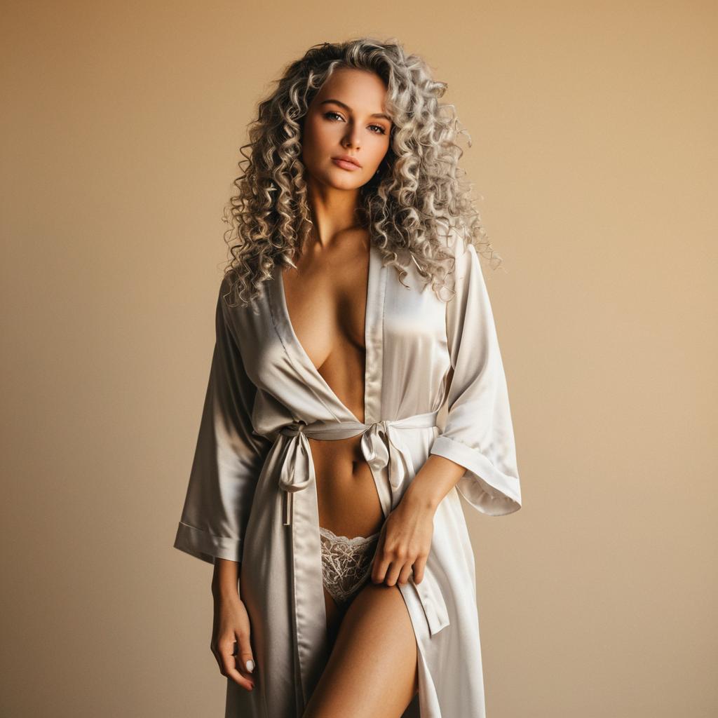 Elegant Woman with Curly Silver Hair in Silky Ivory Robe