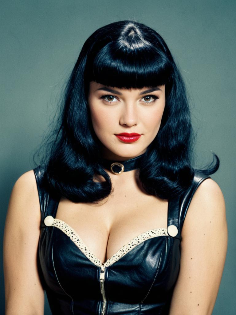 Photorealistic Cosplay Woman with Bettie Page Bangs Hairstyle in Black Leather Outfit