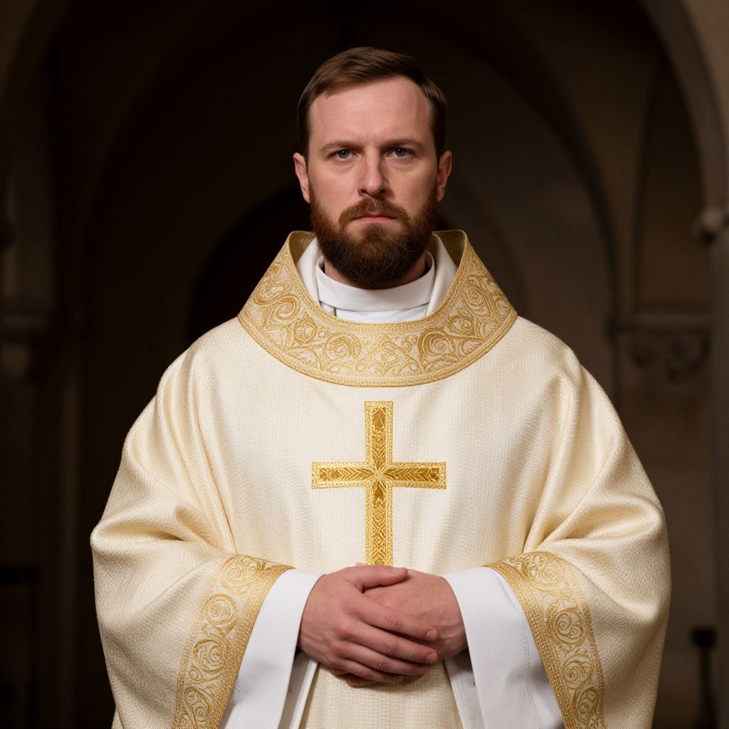 Man in Ornate Priest Robes Inside Church Religious Portrait