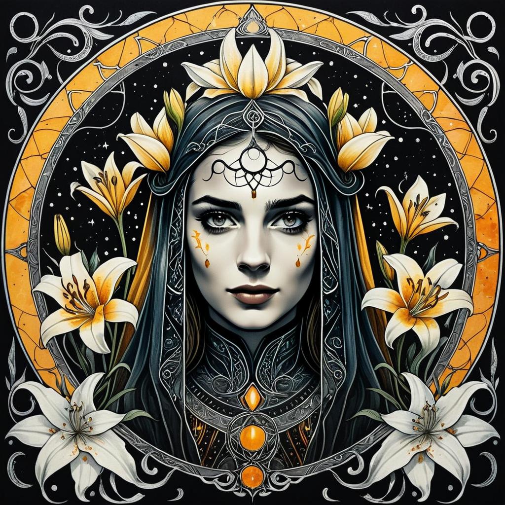 Mystical Woman with Ornamental Headdress and Lilies in Art Nouveau Style