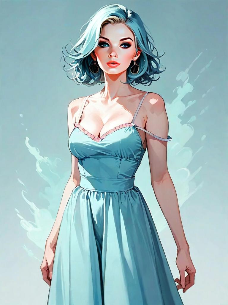 Comic-Realistic Full Body Illustration of Woman in Light Blue Dress