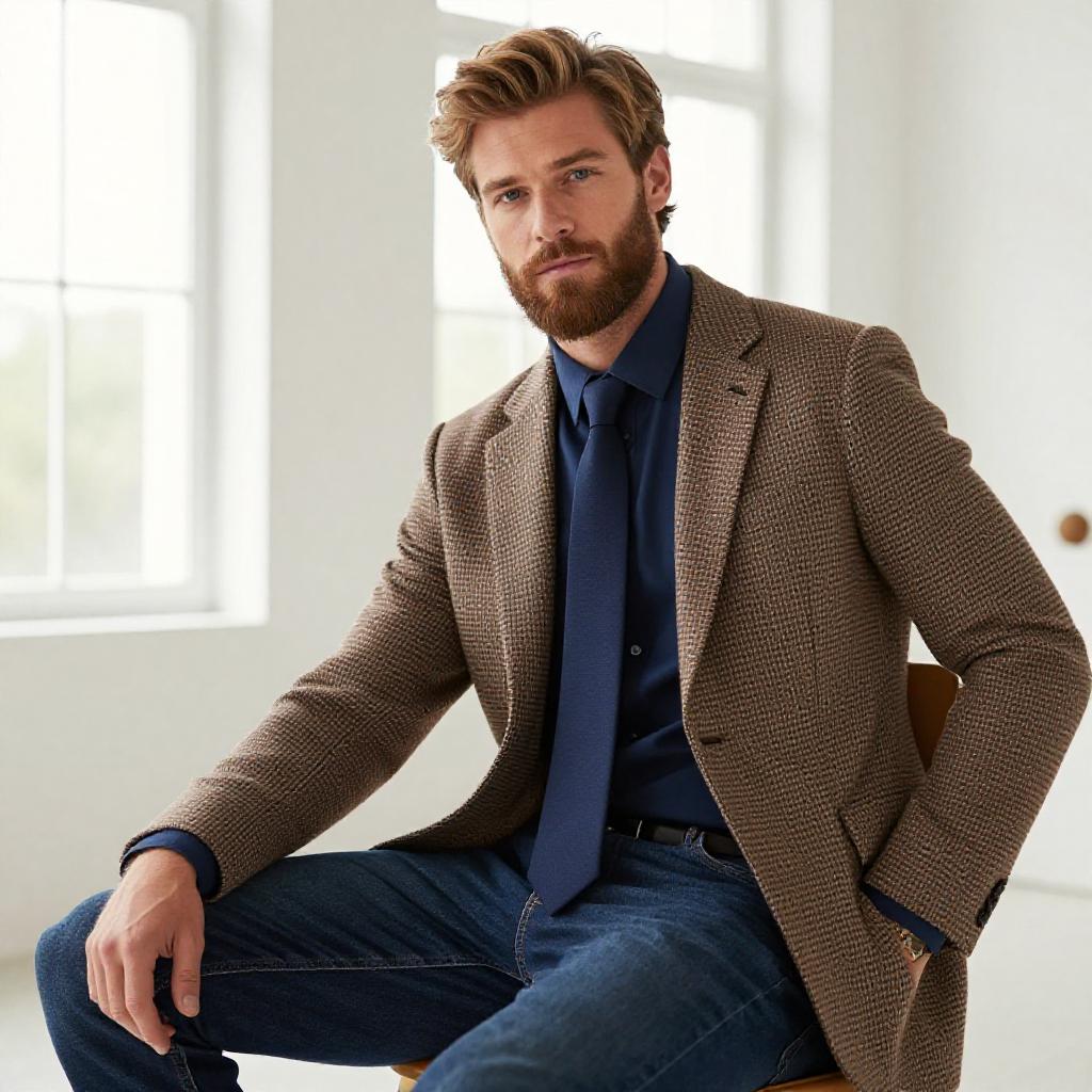 Smart Casual Man Wearing Brown Blazer and Navy Blue Tie with Jeans