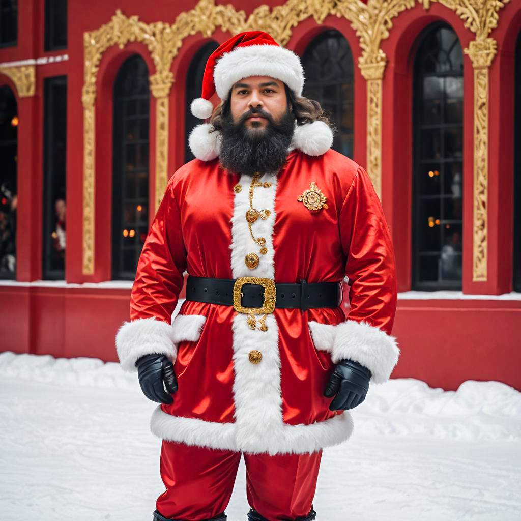 Man in Luxurious Santa Claus Costume with Bearded Look in Festive Setting