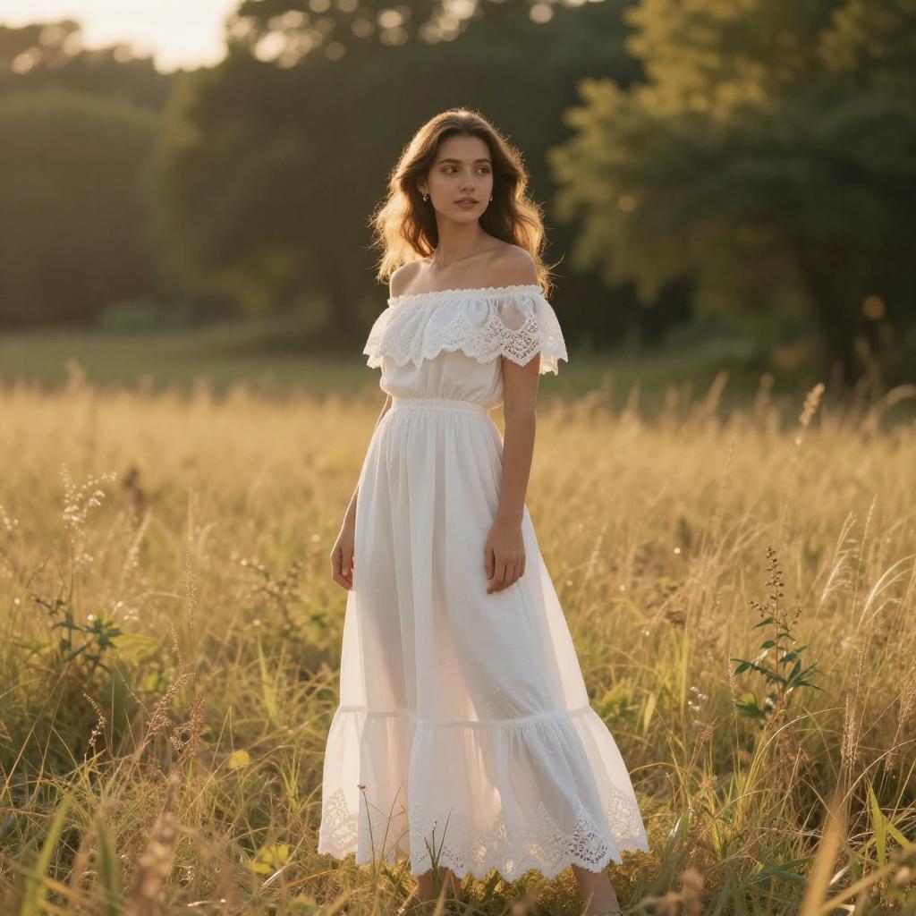 Woman in White Lace Off-Shoulder Dress in Sunlit Meadow