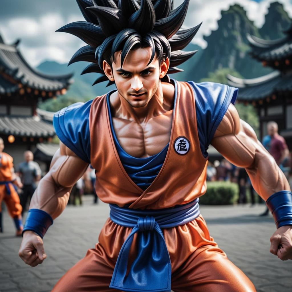 Muscular Man in Martial Arts Gi in Asian Courtyard