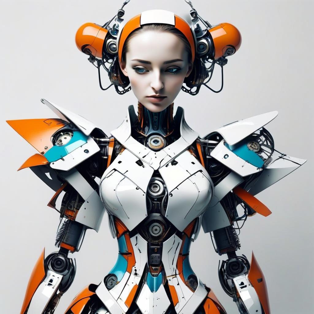 Futuristic Female Cyborg with Orange, White, and Blue Armor Futuristic Female Cyborg with Orange, White, and Blue Armor