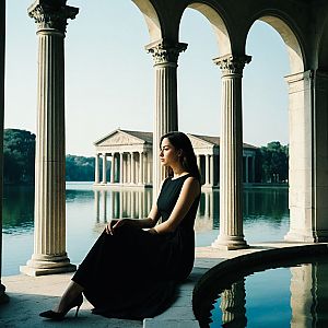 Elegant Woman in Black Dress by Serene Lake