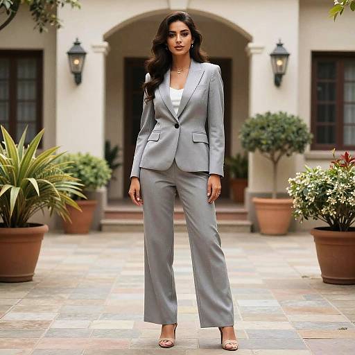 Woman in Elegant Gray Pant Suit Standing Outdoors in Classic Wedding Venue