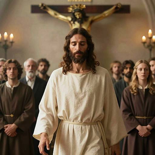 Jesus Resurrection Man with Long Hair and Beard Standing in Front of Cross