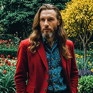 Stylish Man in Red Blazer Standing in Vibrant Garden