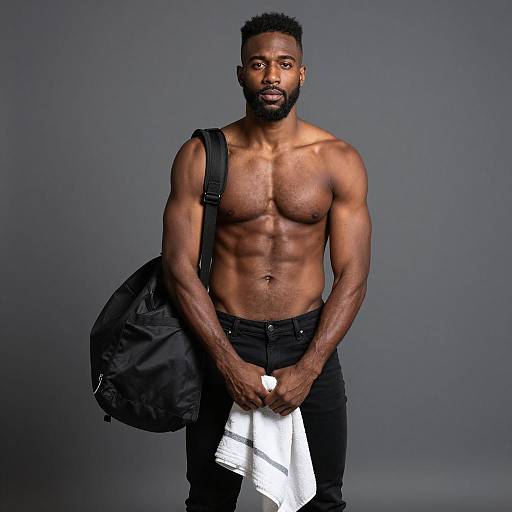Muscular Young Man Holding Towel and Gym Bag on Grey Background
