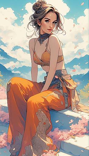 Elegant Woman in Flowing Orange Outfit Amid Cherry Blossoms Digital Illustration