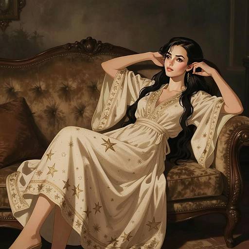 Elegant Woman in Star-Embossed Cream Dress Relaxing on Vintage Sofa