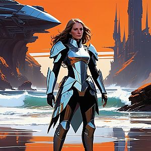 Futuristic Woman in Metallic Armor on Shoreline