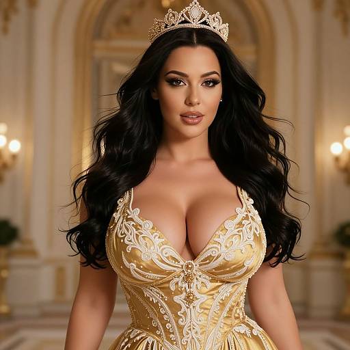 Elegant Woman in Golden Embroidered Gown Wearing Crown