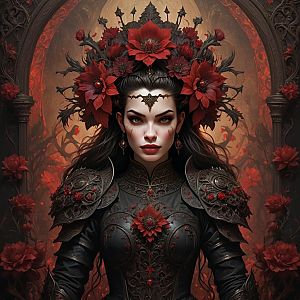 Gothic Fantasy Woman in Dark Armor with Red Floral Crown
