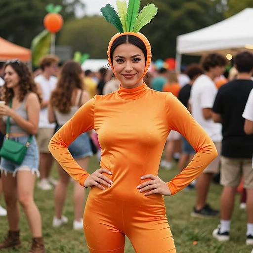 Young Woman in Orange Carrot Costume at Outdoor Festival