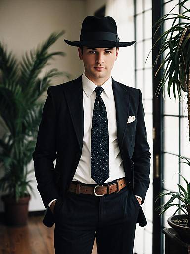 Man in Great Gatsby Attire with Black Fedora and Necktie