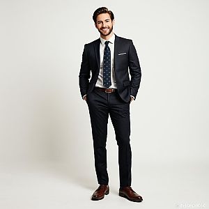 Confident Young Man in Navy Business Suit with Brown Shoes